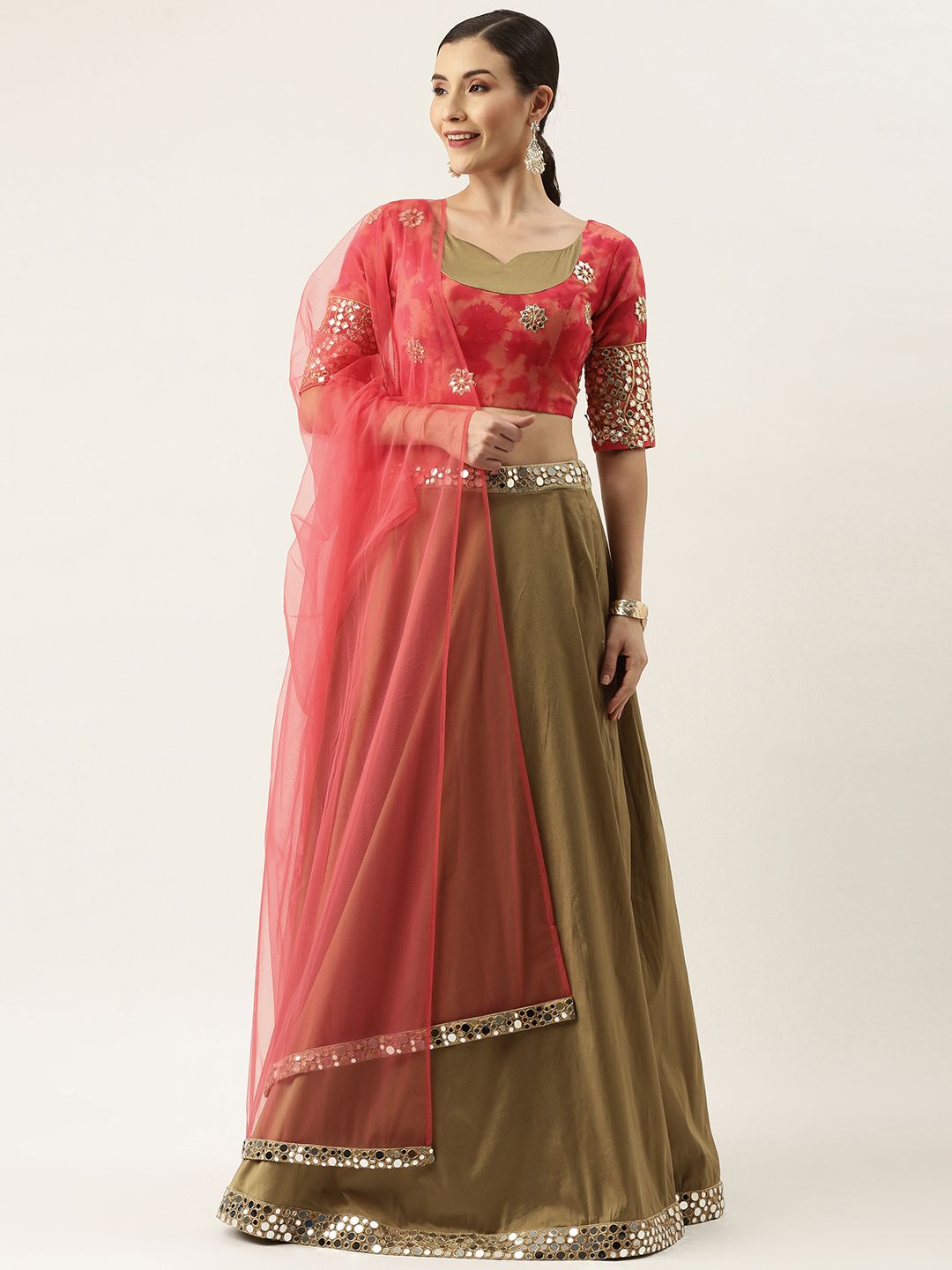 EthnoVogue Red & Beige Embroidered Made to Measure Lehenga & Blouse With Dupatta Price in India