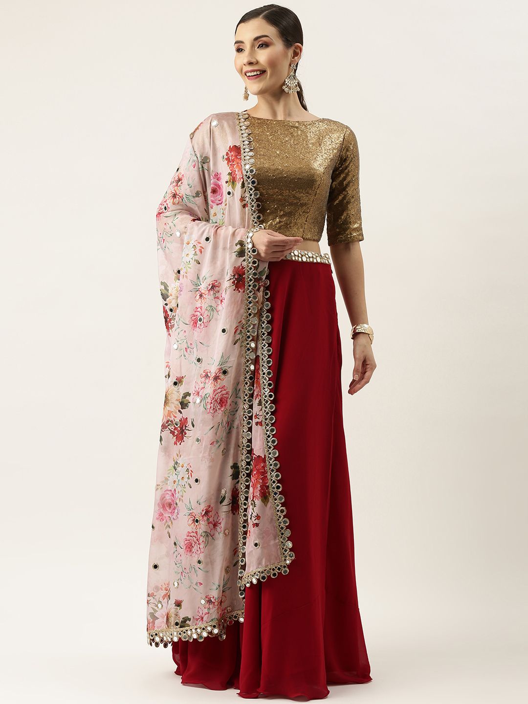 EthnoVogue Brown & Maroon Embellished Made to Measure Lehenga & Blouse With Dupatta Price in India