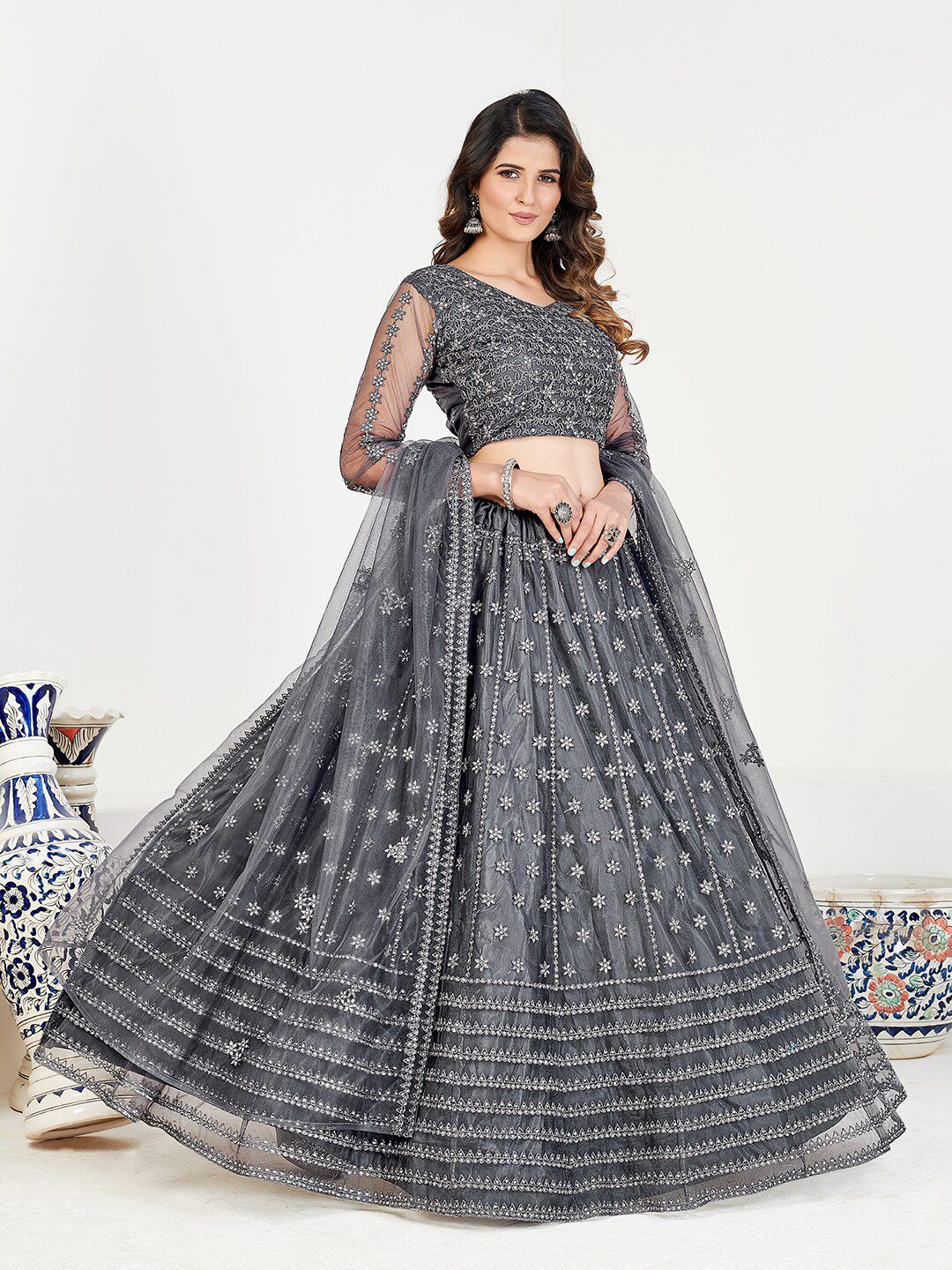 SHOPGARB Grey Embellished Semi-Stitched Lehenga & Unstitched Blouse With Dupatta Price in India