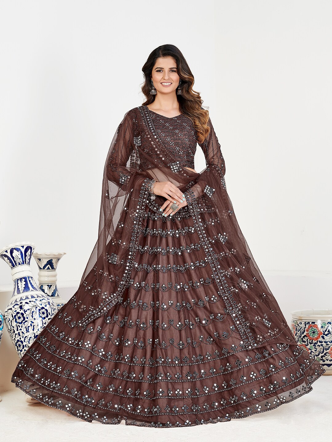 SHOPGARB Brown & Silver Mirror Work Semi-Stitched Lehenga & Unstitched Blouse With Dupatta Price in India