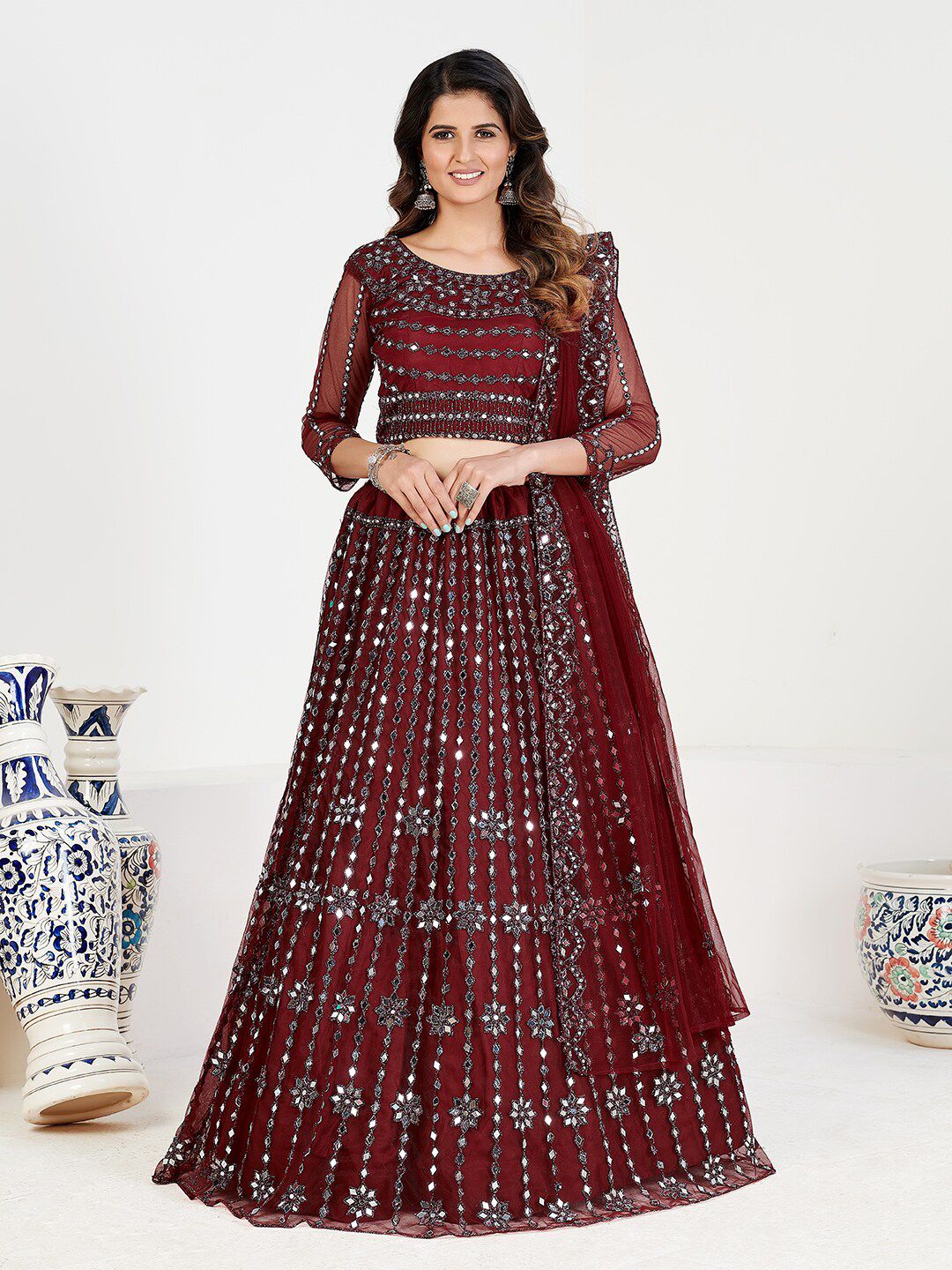 SHOPGARB Maroon Mirror Work Semi-Stitched Lehenga & Unstitched Blouse With Dupatta Price in India