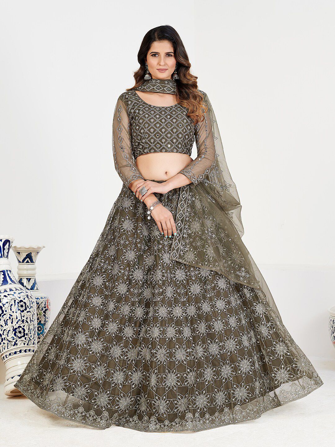 SHOPGARB Women Olive Embroidered Semi-Stitched Lehenga & Unstitched Blouse With Dupatta Price in India