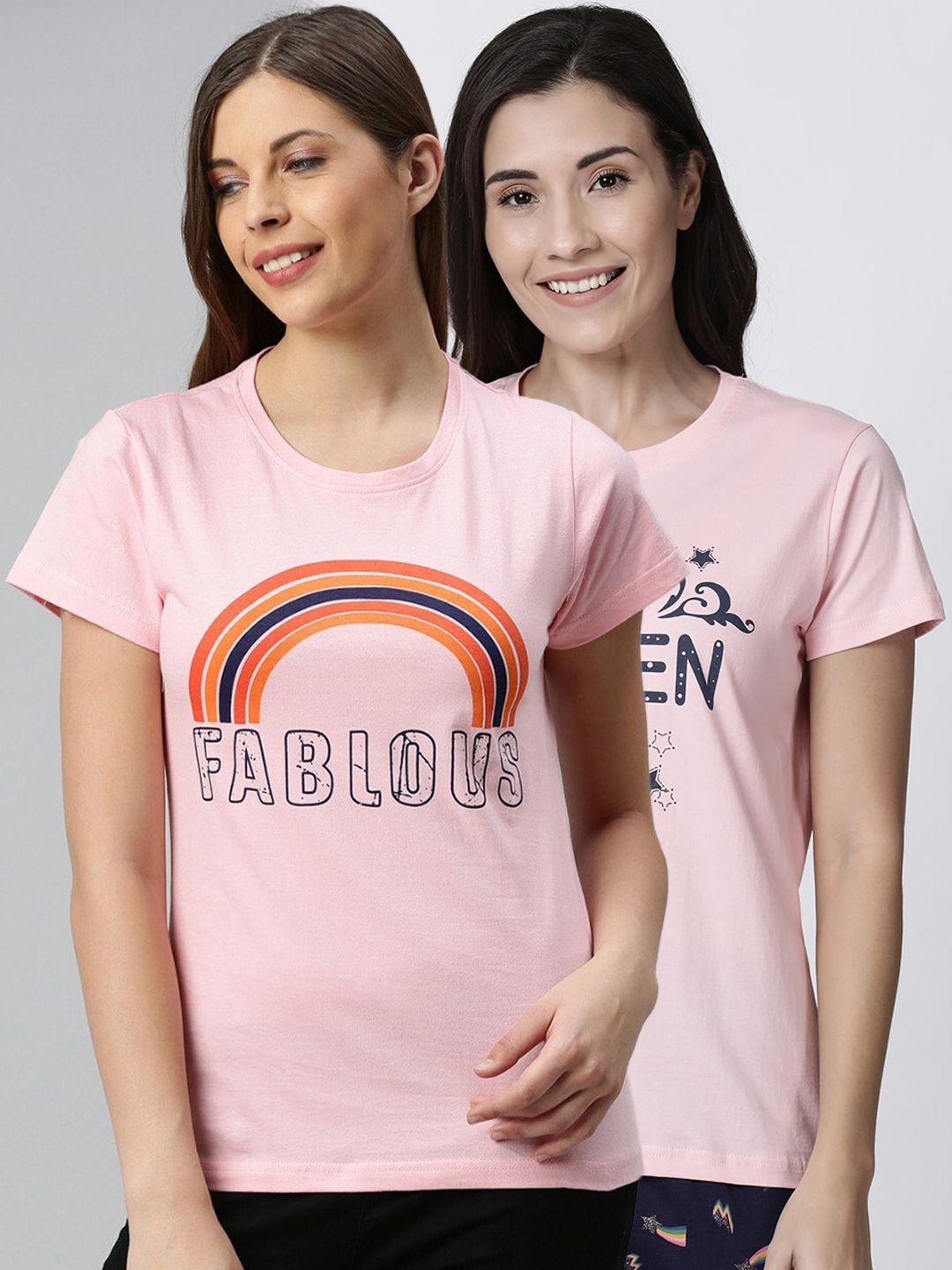 Kryptic Women Pack Of 2 Pink Printed Pure Cotton Lounge T-Shirts Price in India