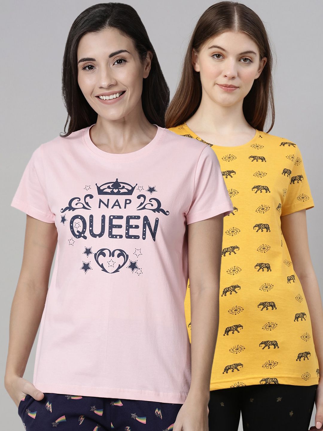 Kryptic Women Pack Of 2 Printed Pure Cotton Lounge T-Shirts Price in India