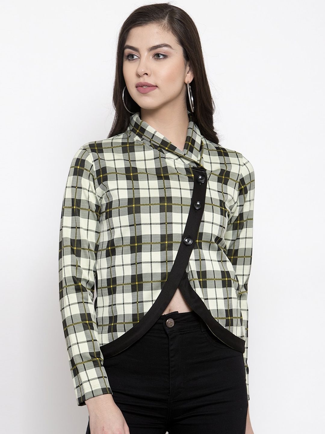 armure Women Olive Green Checked Lightweight Crop Tailored Jacket Price in India