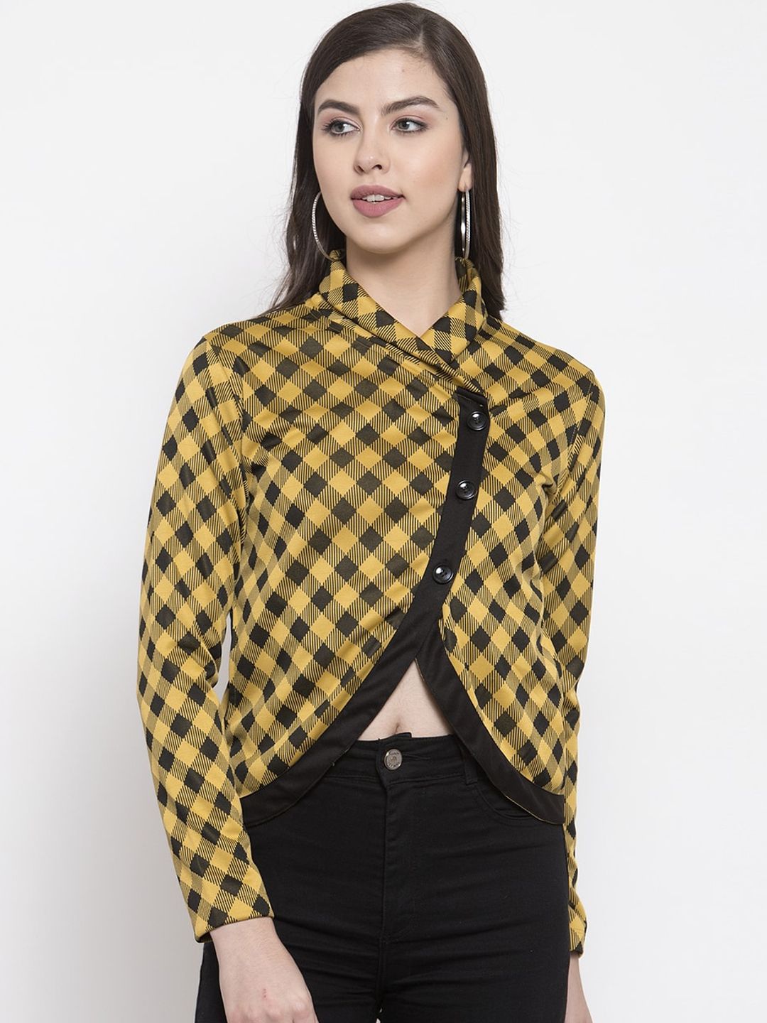 armure Women Yellow Checked Lightweight Crop Tailored Jacket Price in India