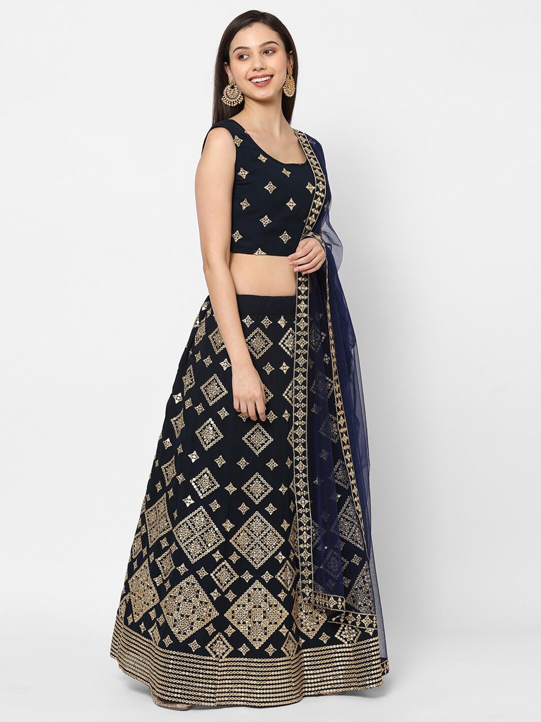 RedRound Navy Blue & Gold-Toned Embroidered Mirror Work Semi-Stitched Lehenga & Unstitched Blouse With Price in India