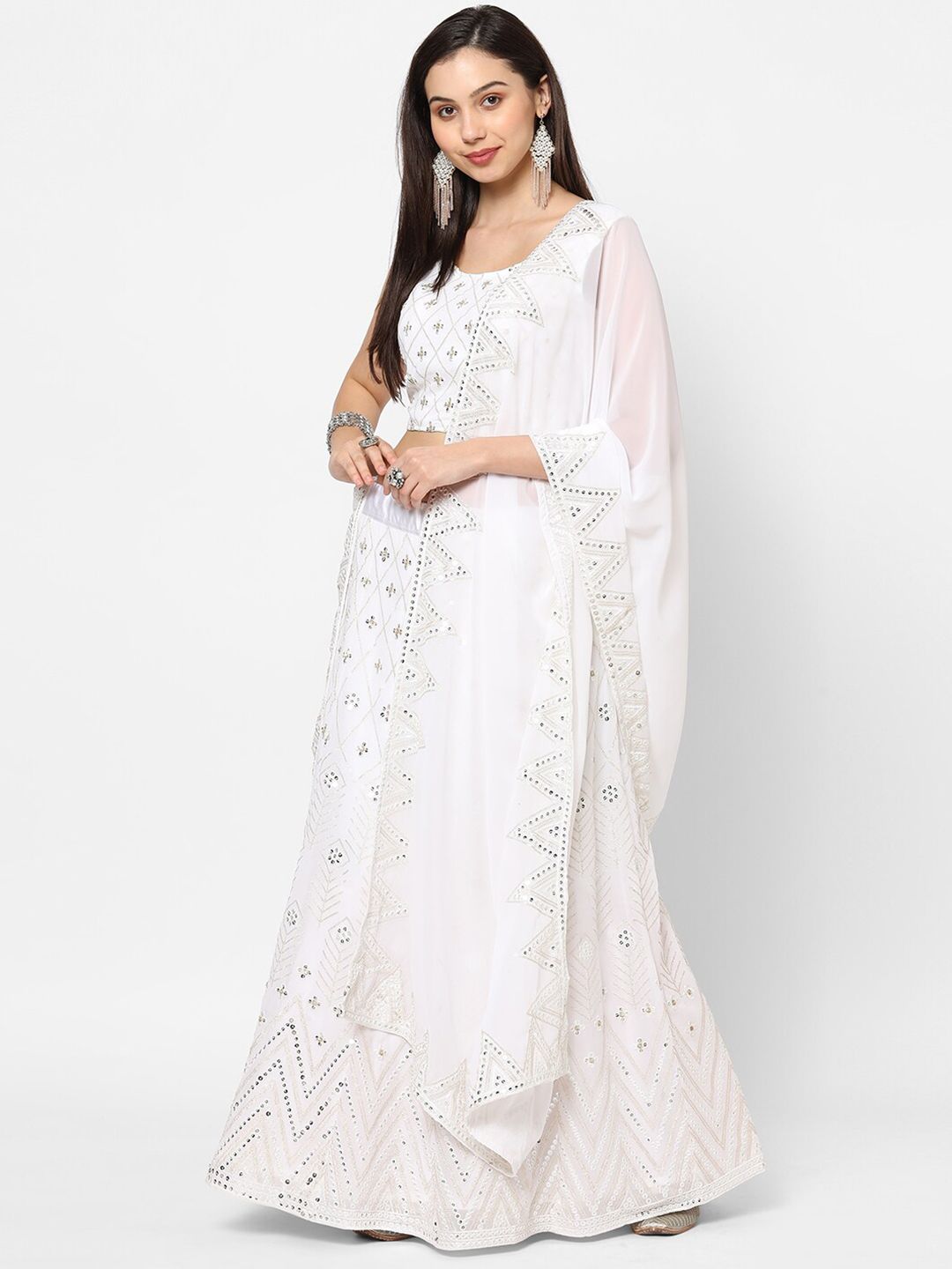 RedRound White & Silver-Toned Embellished Sequinned Semi-Stitched Lehenga & Unstitched Blouse With Dupatta Price in India