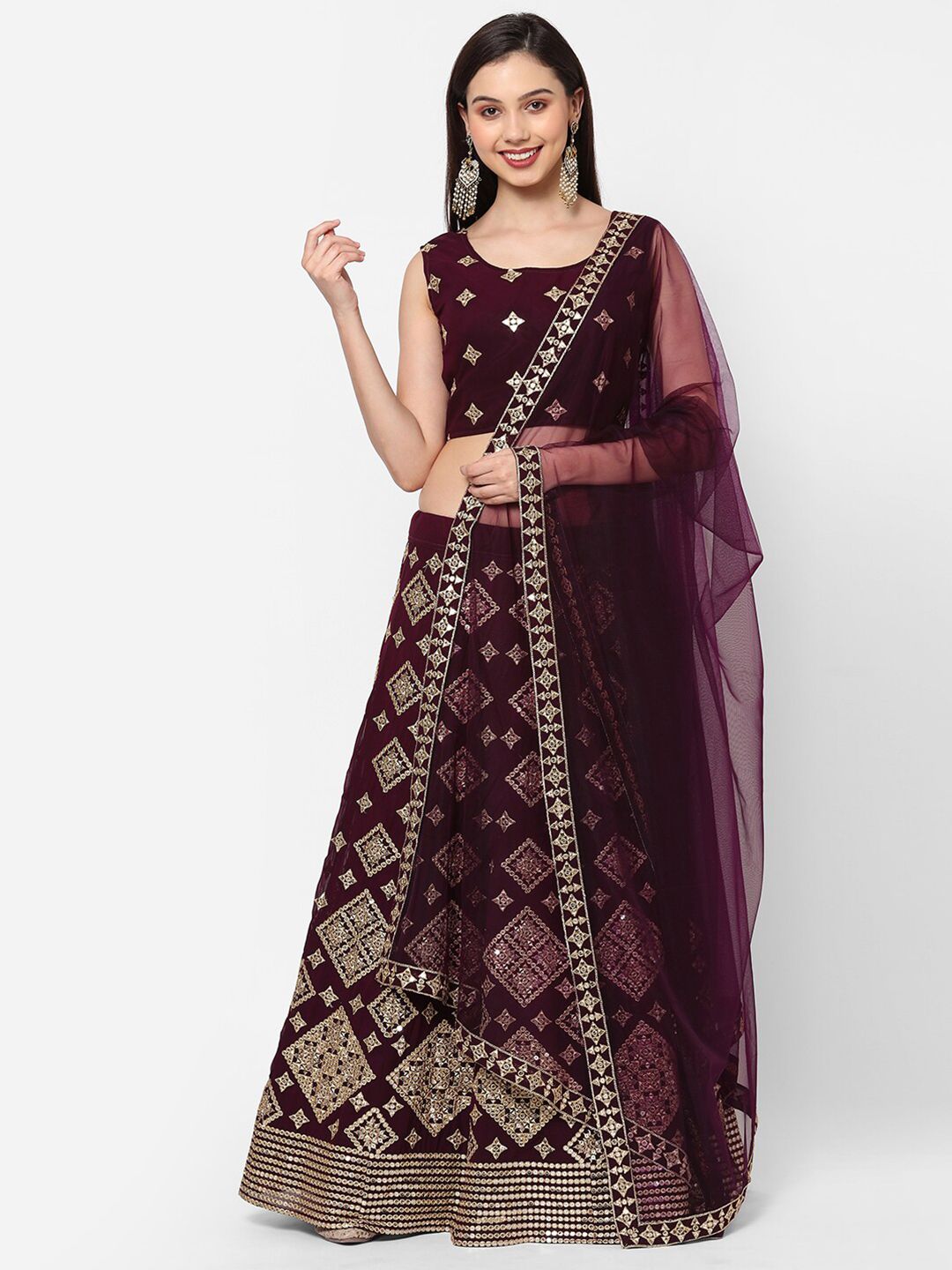 RedRound Purple & Gold-Toned Embroidered Mirror Work Semi-Stitched Lehenga & Unstitched Blouse With Dupatta Price in India