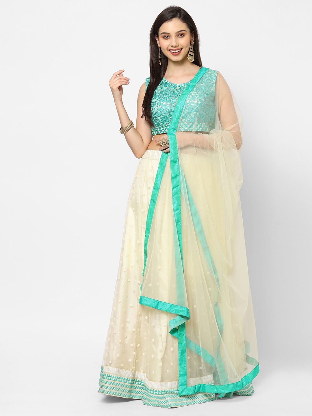 RedRound Cream-Coloured & Turquoise Blue Embroidered Thread Work Semi-Stitched Lehenga & Unstitched Blouse Price in India