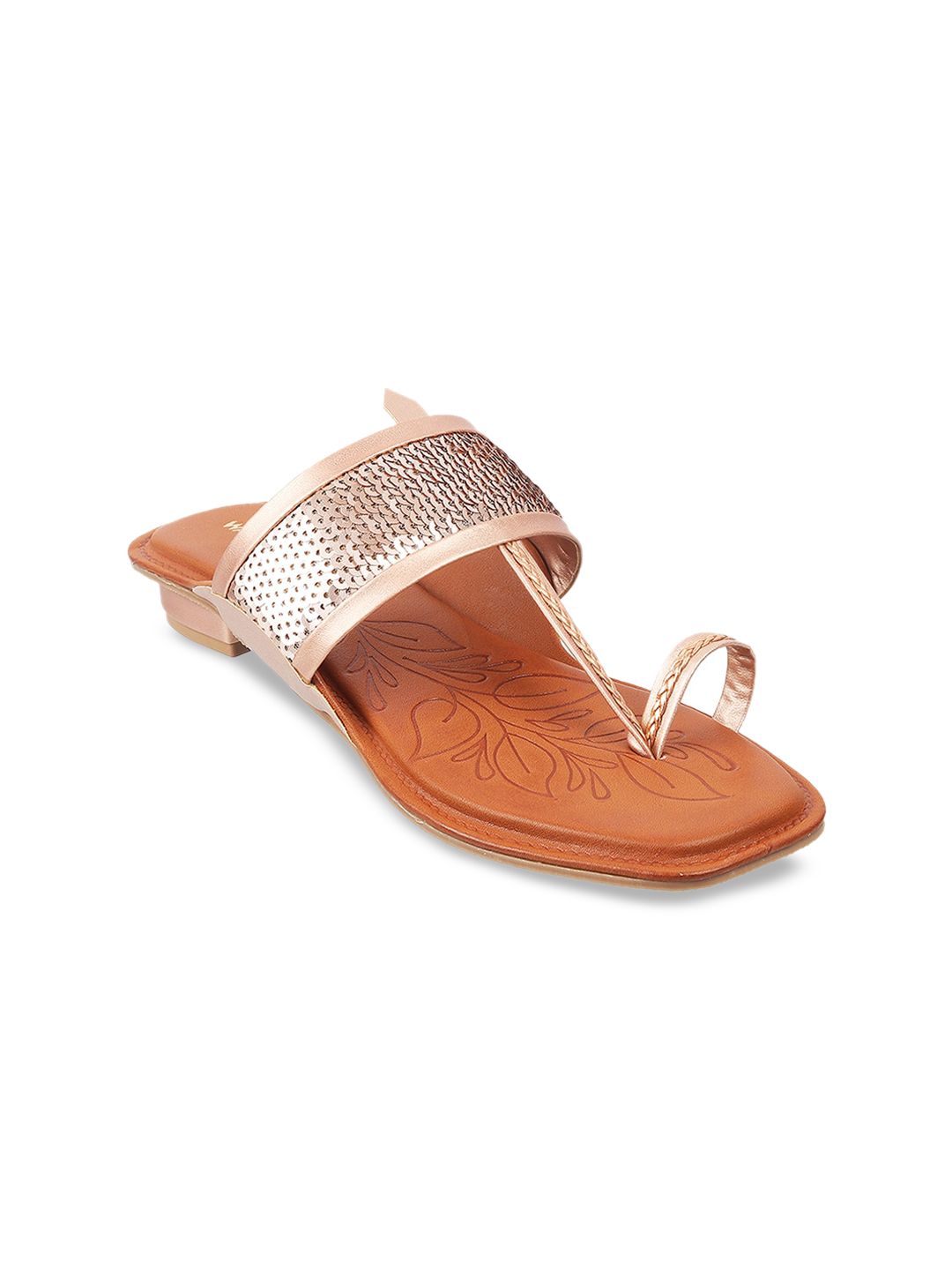 WALKWAY by Metro Women Gold-Toned Embellished Leather Ethnic One Toe Flats Price in India