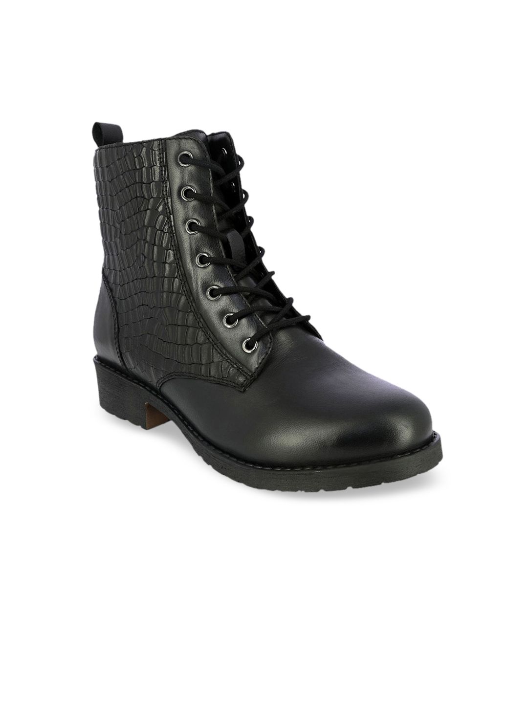Alberto Torresi Women Black Woven Design Leather Flat Boots Price in India
