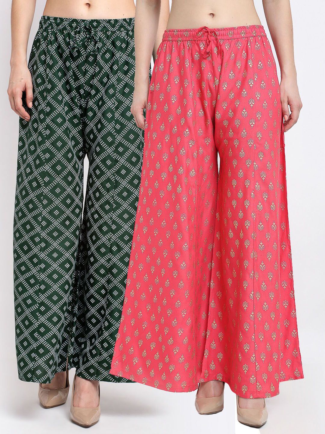 GRACIT Women Green & Orange Pack Of 2 Ethnic Motifs Printed Flared Ethnic Palazzos Price in India