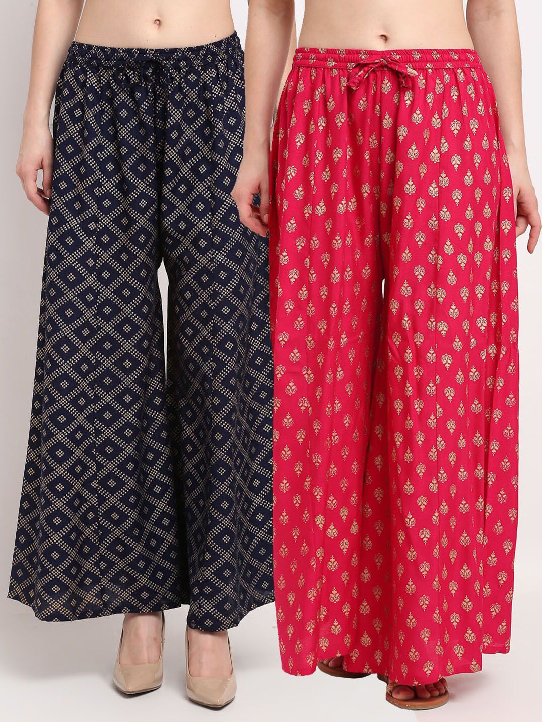 GRACIT Women Navy Blue & Pink Pack of 2 Block Printed Flared Ethnic Palazzos Price in India