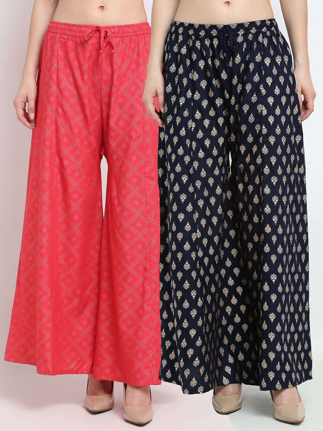 GRACIT Women Orange & Navy Blue 2 Ethnic Motifs Printed Flared Ethnic Palazzos Price in India