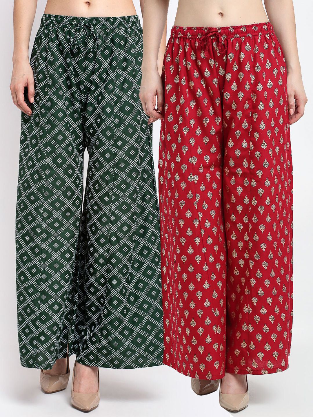 GRACIT Women Green & Maroon Pack Of 2 Ethnic Motifs Printed Flared Ethnic Palazzos Price in India