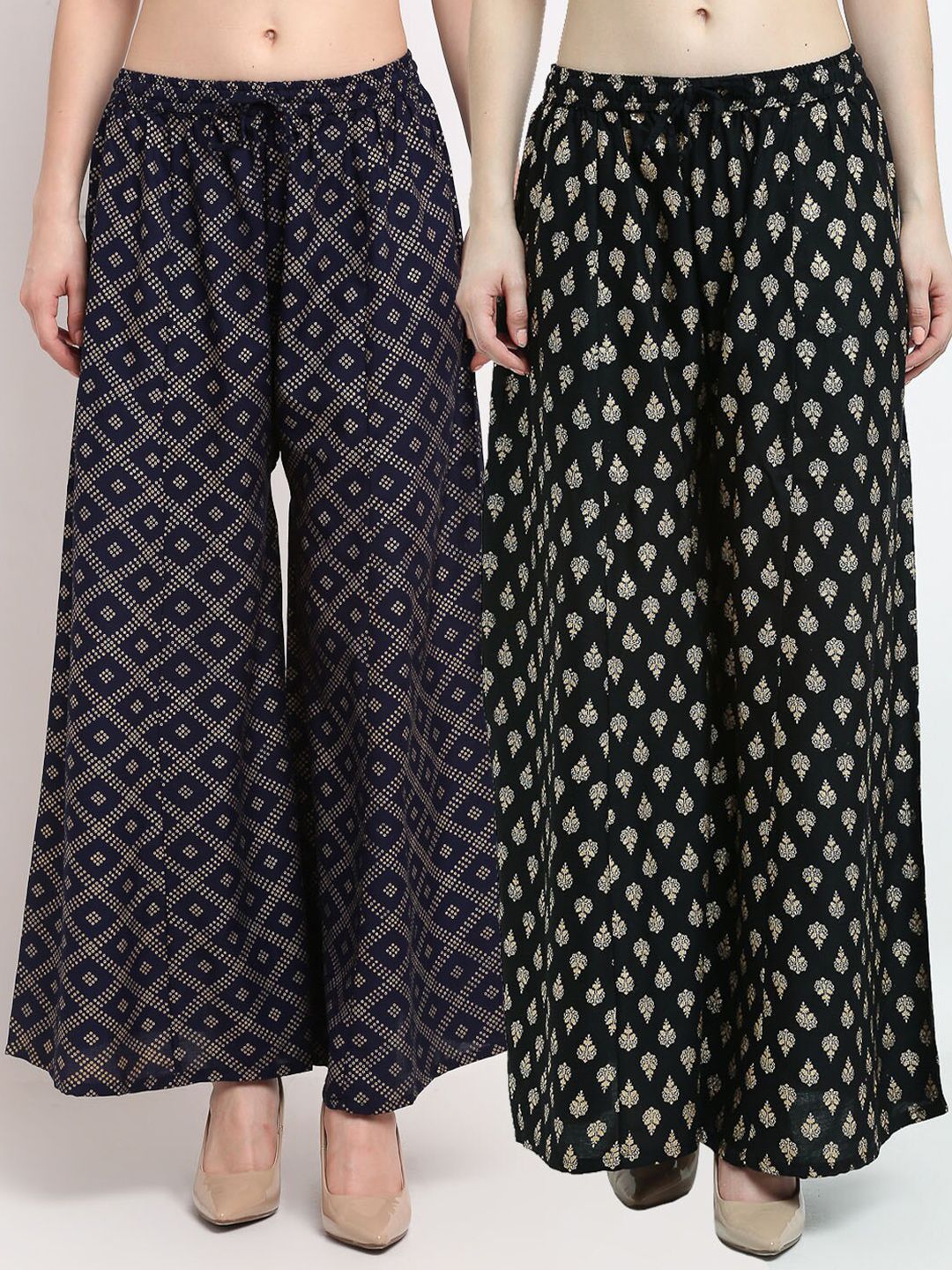 GRACIT Women Navy Blue & Black Pack of 2 Block Printed Flared Ethnic Palazzos Price in India