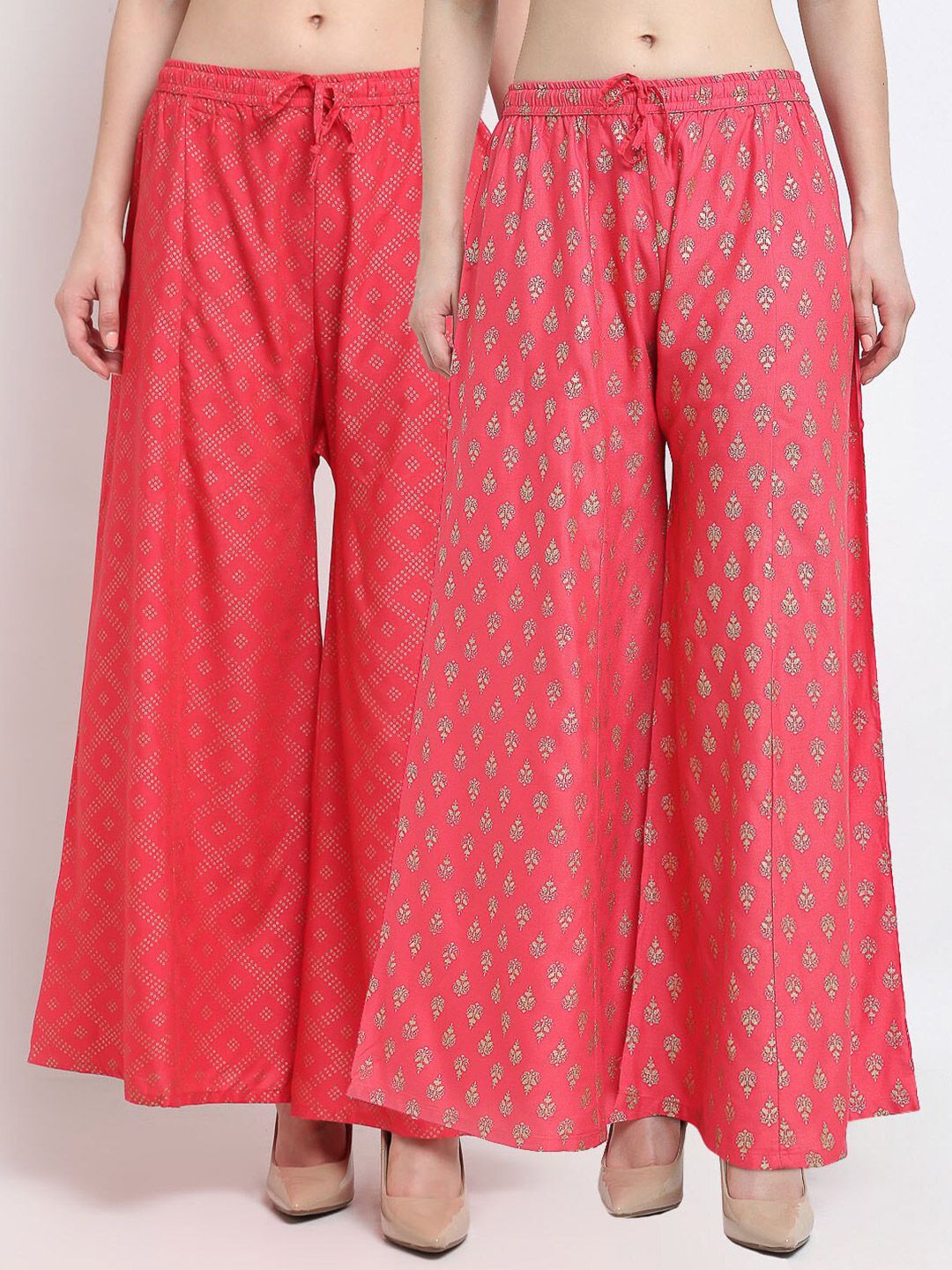 GRACIT Women Coral & Gold-Coloured Pack of 2 Block Printed Flared Knitted Ethnic Palazzos Price in India