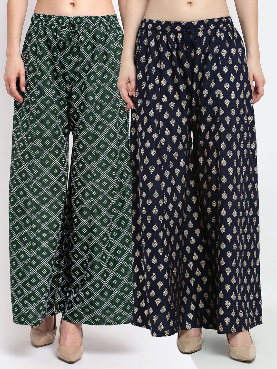 GRACIT Women Pack of 2 Green & Navy Blue Printed Flared Knitted Ethnic Palazzos Price in India