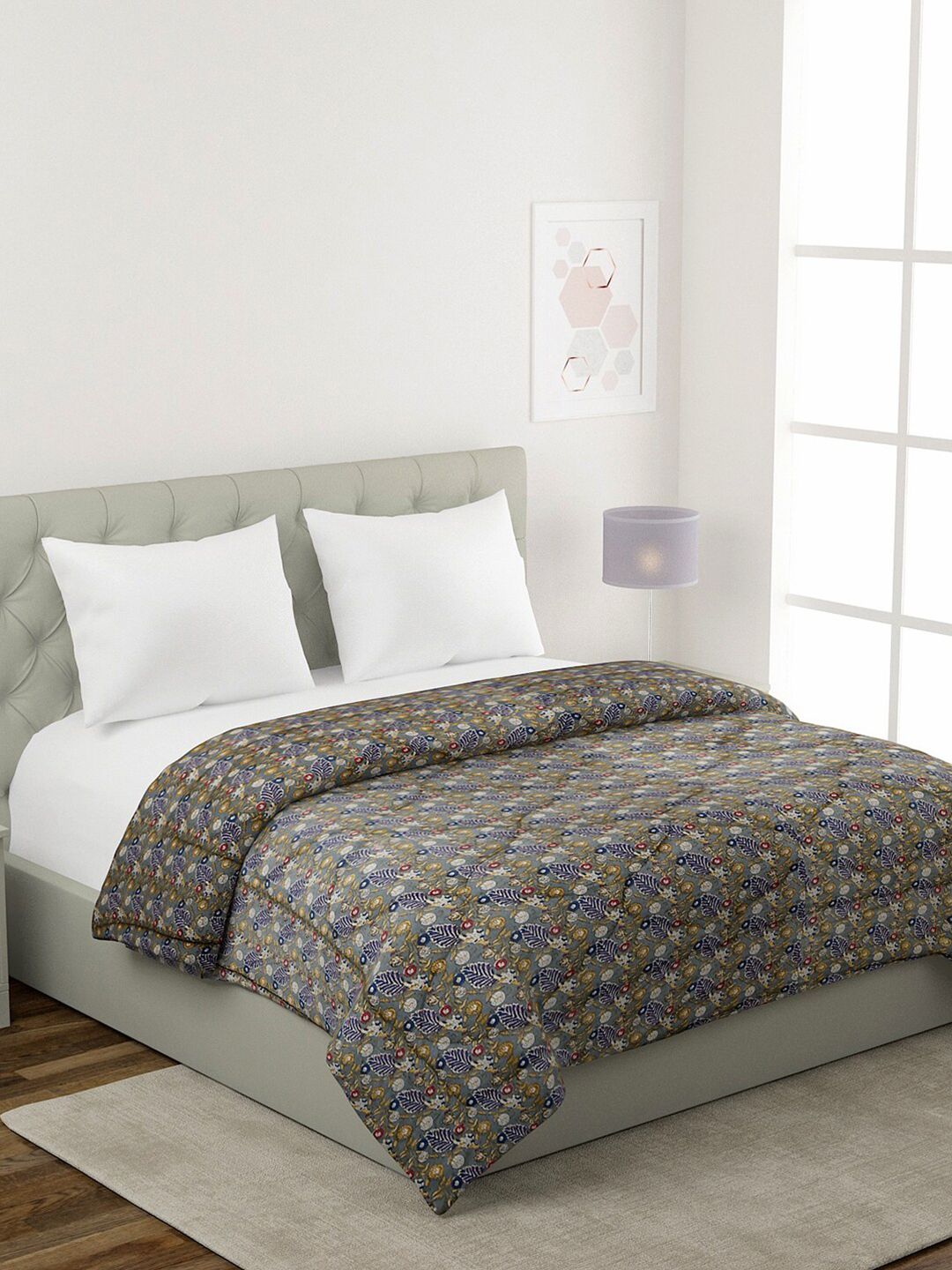 Rajasthan Decor Grey & Yellow Floral Mild Winter 210 GSM Double Bed Comforter Price in India