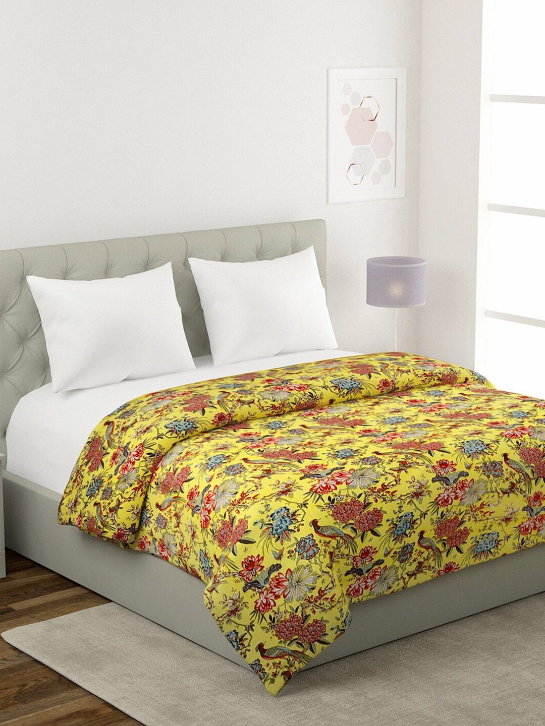 Rajasthan Decor Yellow Floral Printed 200 GSM Mild Winter Reversible Double Bed Comforter Price in India
