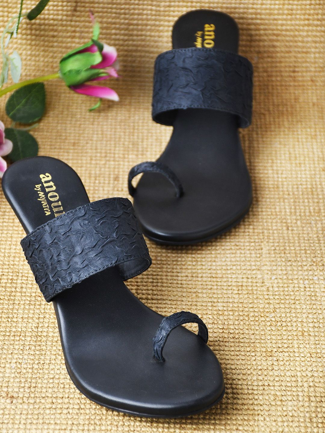 Anouk Black Textured Ethnic Wedge Sandals Price in India