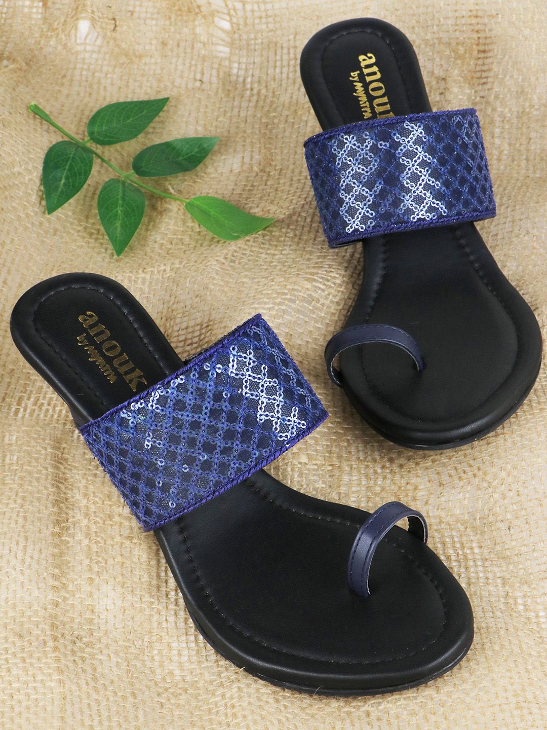 Anouk Navy Blue & Black Embellished  Wedge Sandals Price in India