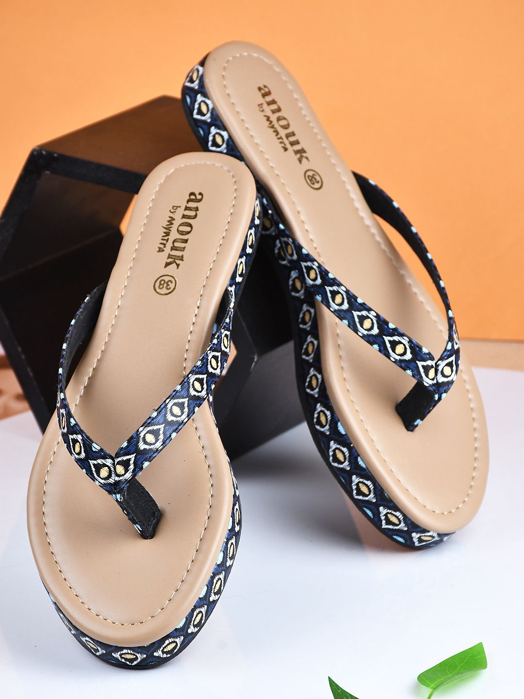 Anouk Women Navy Blue Printed Open Toe Flats Price in India