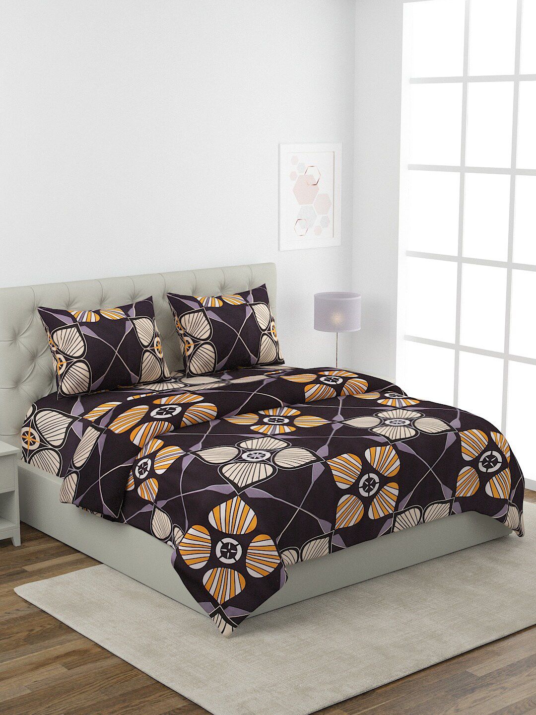 ROMEE Black Floral Printed King Size Pure Cotton Bedding Set Price in India