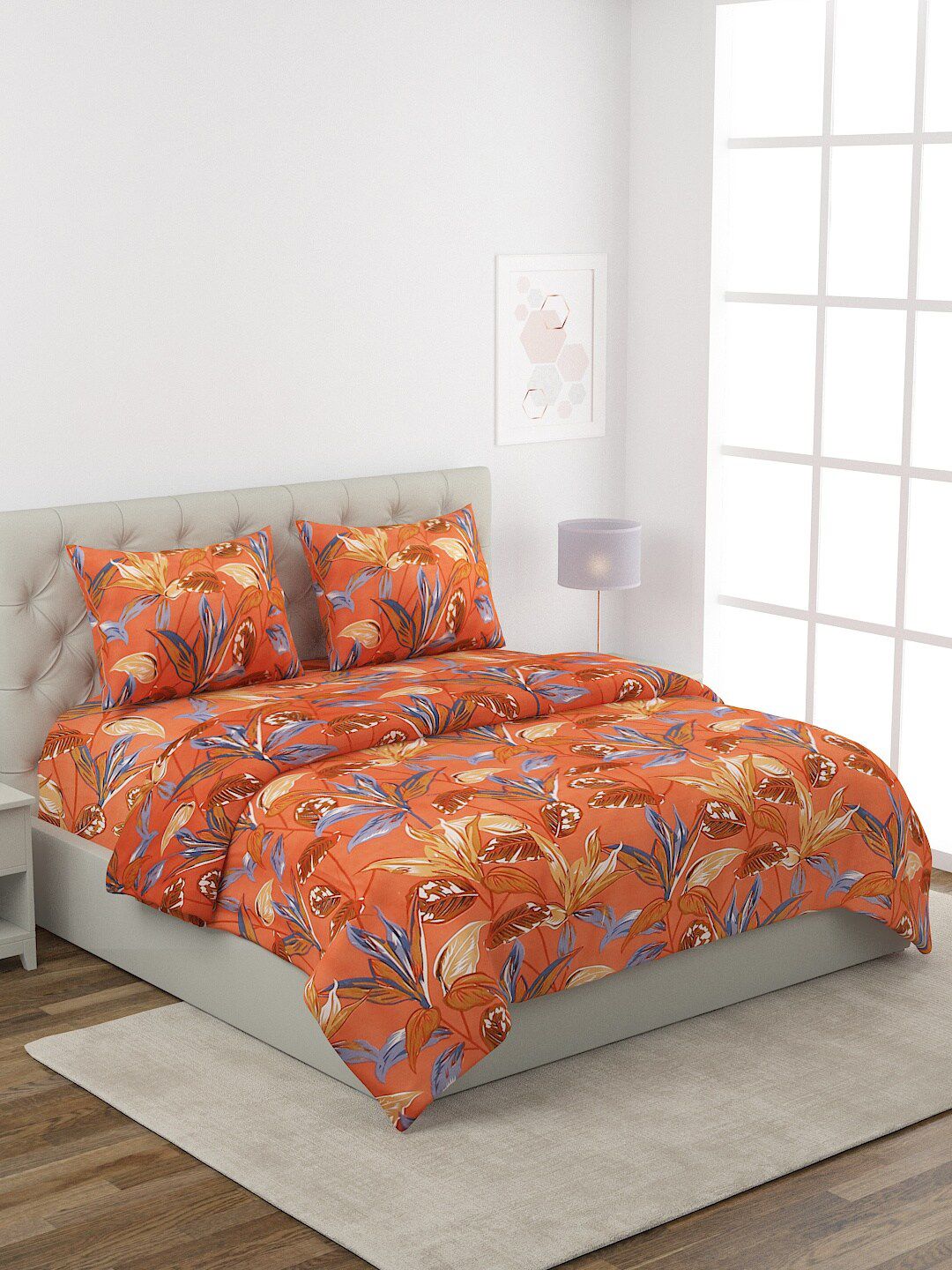 ROMEE Orange & Blue Floral Printed Pure Cotton Bedding Set Price in India