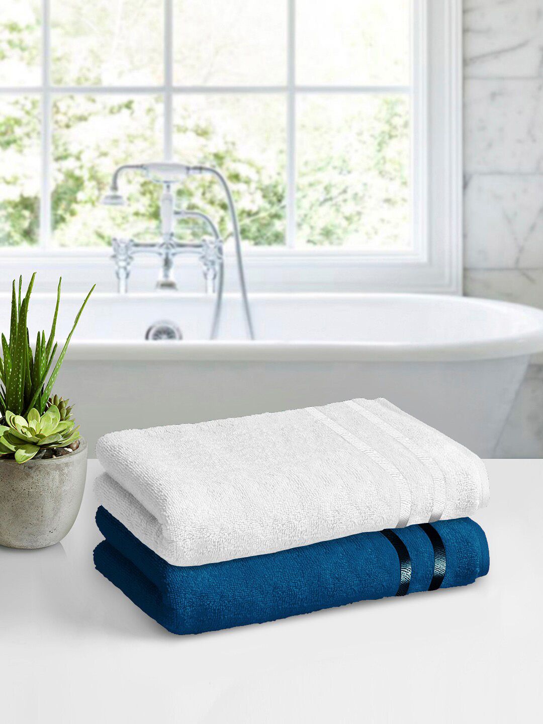 Story@home Set of 2 White & Blue Solid Pure Cotton 450 GSM Bath Towel Price in India