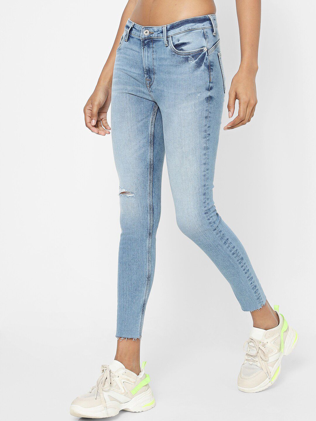 ONLY Women Blue Slim Fit High-Rise Mildly Distressed Heavy Fade Stretchable Jeans Price in India