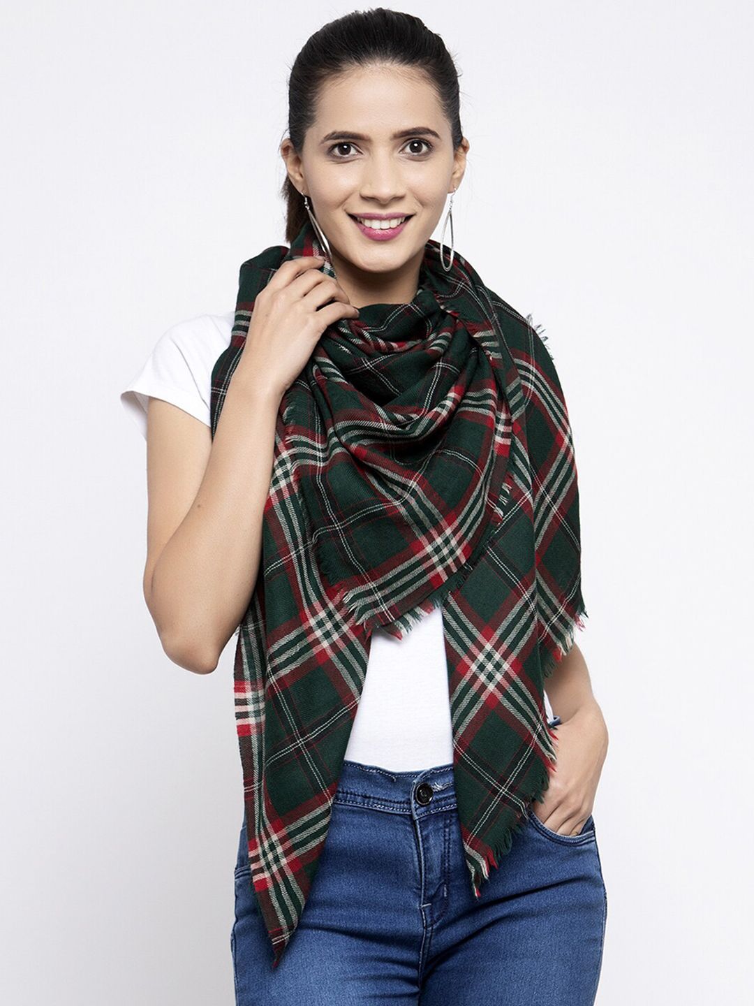 Calvadoss Women Green & Red Wool Checked Stole Price in India