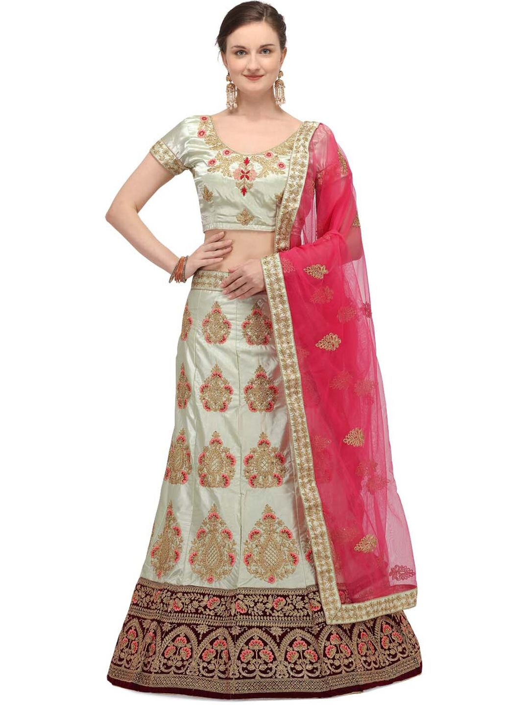 Netram Lime Green & Pink Embroidered Beads and Stones Semi-Stitched Lehenga & Unstitched Blouse With Dupatta Price in India