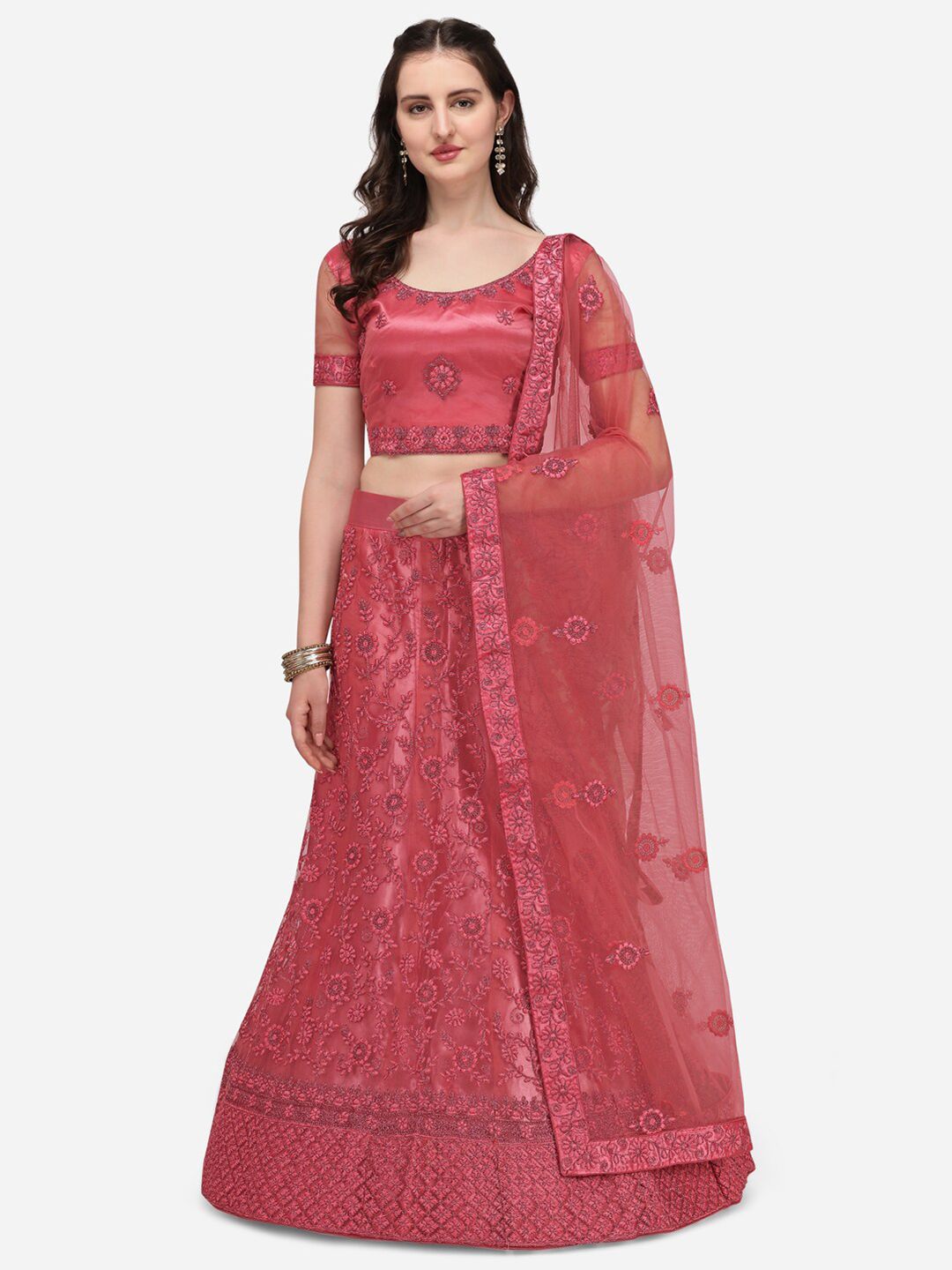 Netram Pink Embroidered Beads and Stones Semi-Stitched Lehenga & Unstitched Blouse With Dupatta Price in India
