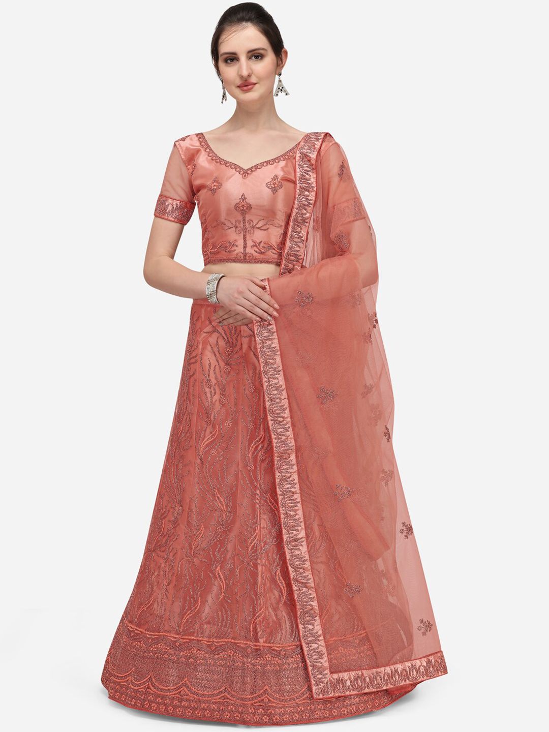 Netram Peach-Coloured Embroidered Beads and Stones Semi-Stitched Lehenga & Unstitched Blouse With Dupatta Price in India