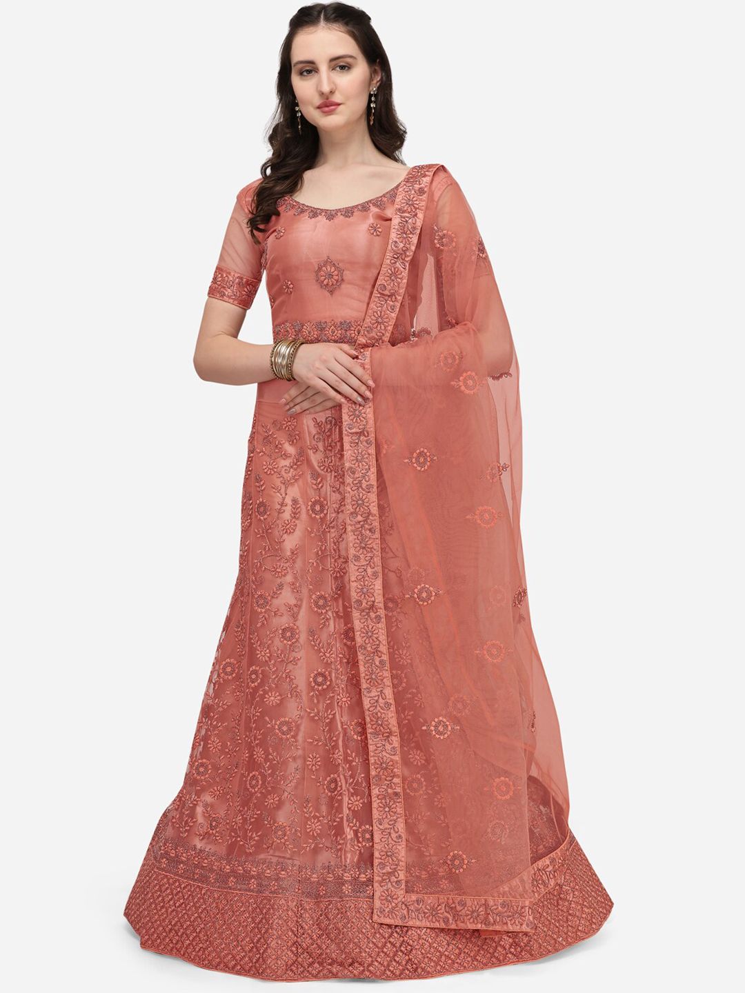 Netram Peach & Silve Embroidered Semi-Stitched Lehenga & Unstitched Blouse With Dupatta Price in India