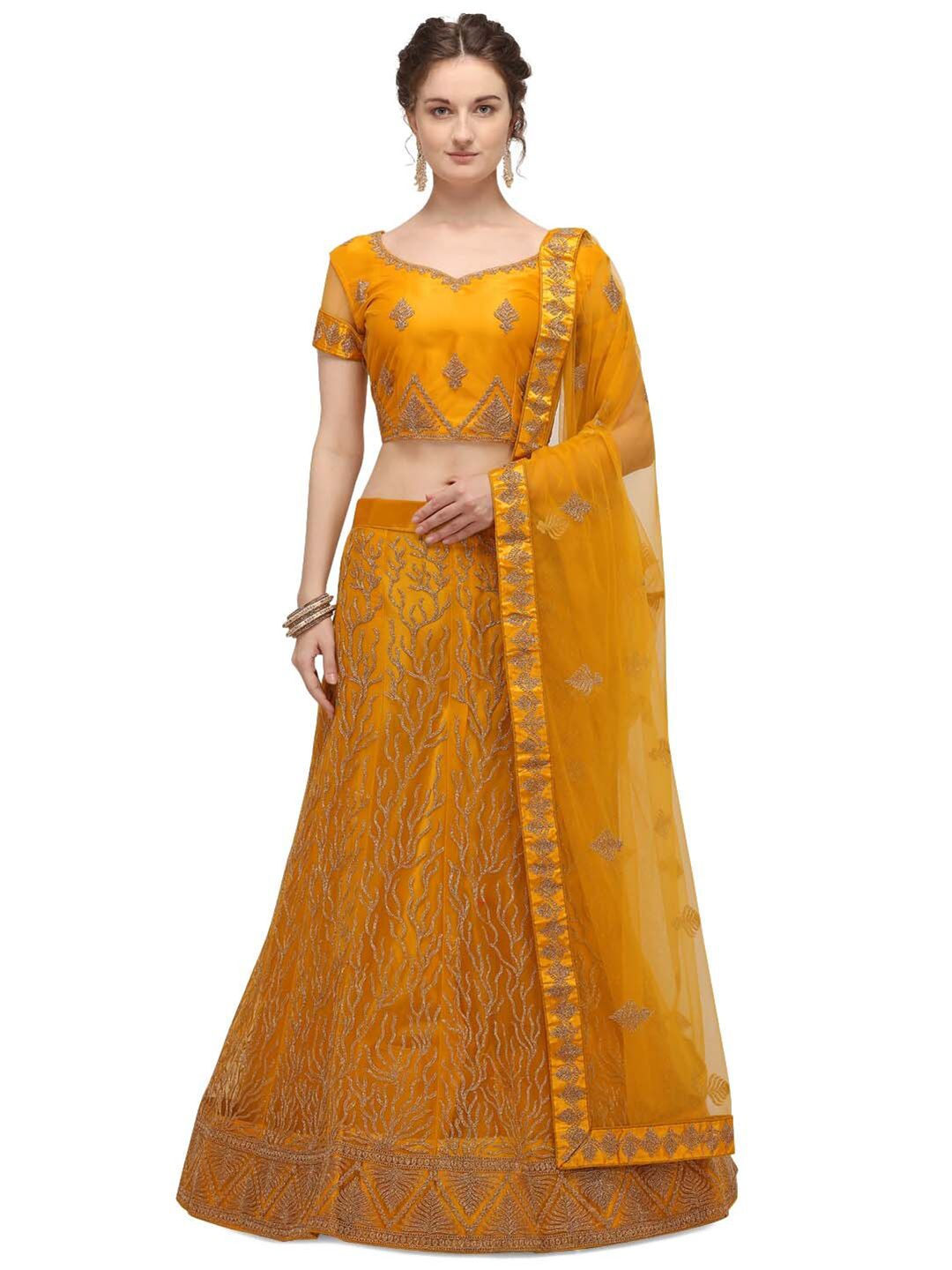 Netram Yellow Embroidered Semi-Stitched Lehenga & Unstitched Blouse With Dupatta Price in India