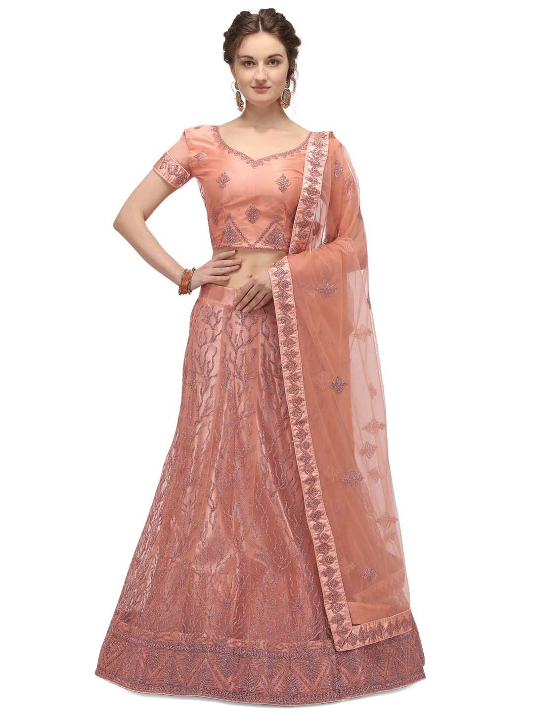Netram Peach-Coloured & Silver-Toned Embroidered Semi-Stitched Lehenga & Unstitched Blouse With Dupatta Price in India