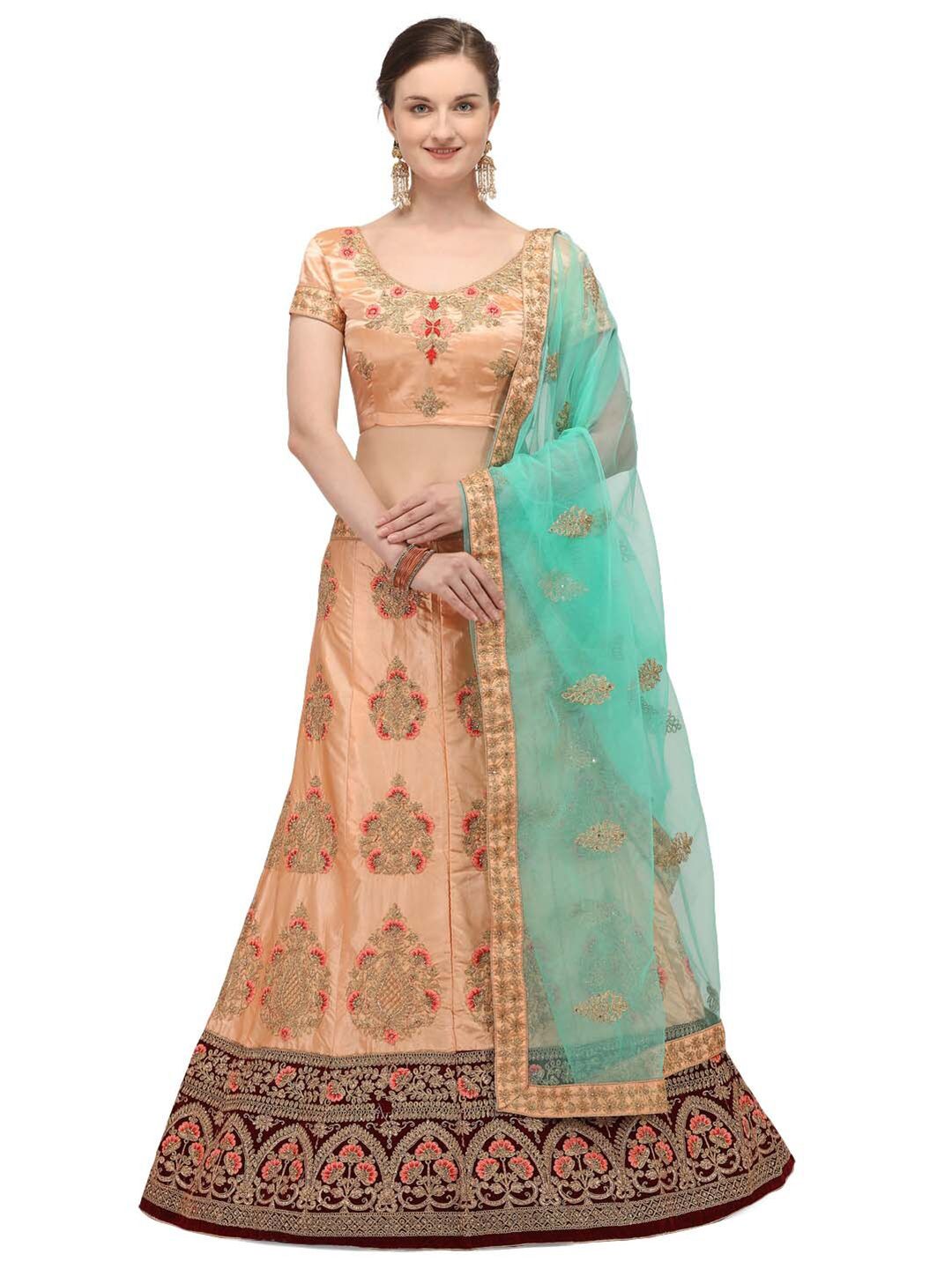 Netram Peach-Coloured & Green Embroidered Semi-Stitched Lehenga & Unstitched Blouse With Dupatta Price in India
