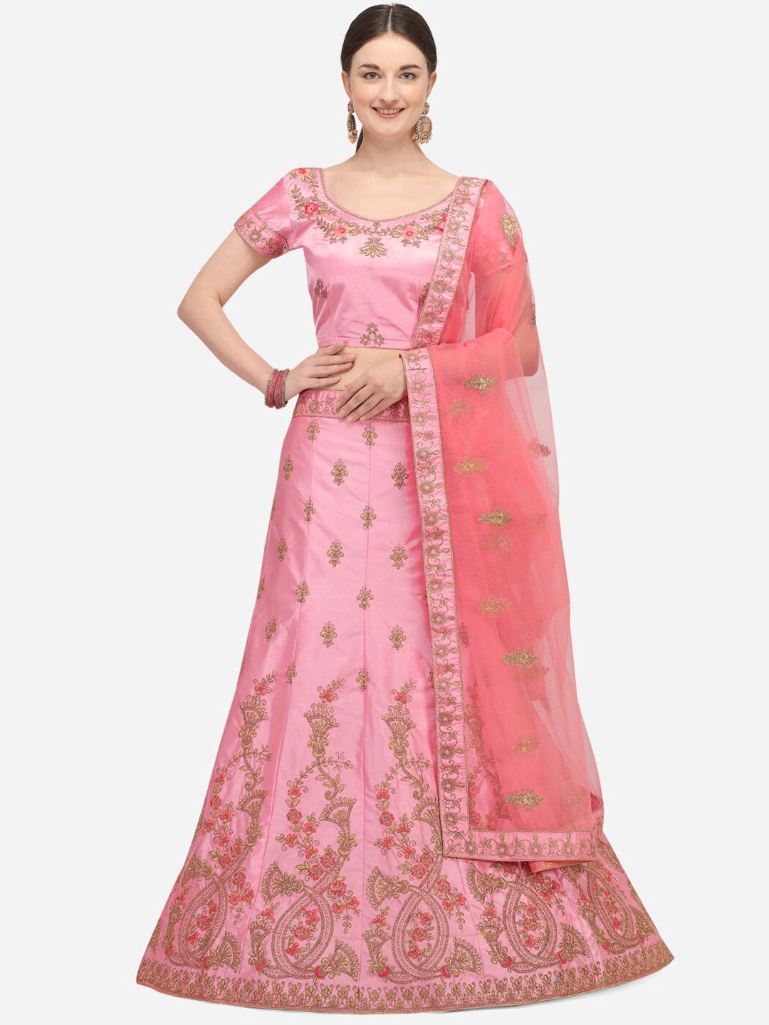 Netram Women Pink Embroidered Semi-Stitched Lehenga Choli with Dupatta Price in India
