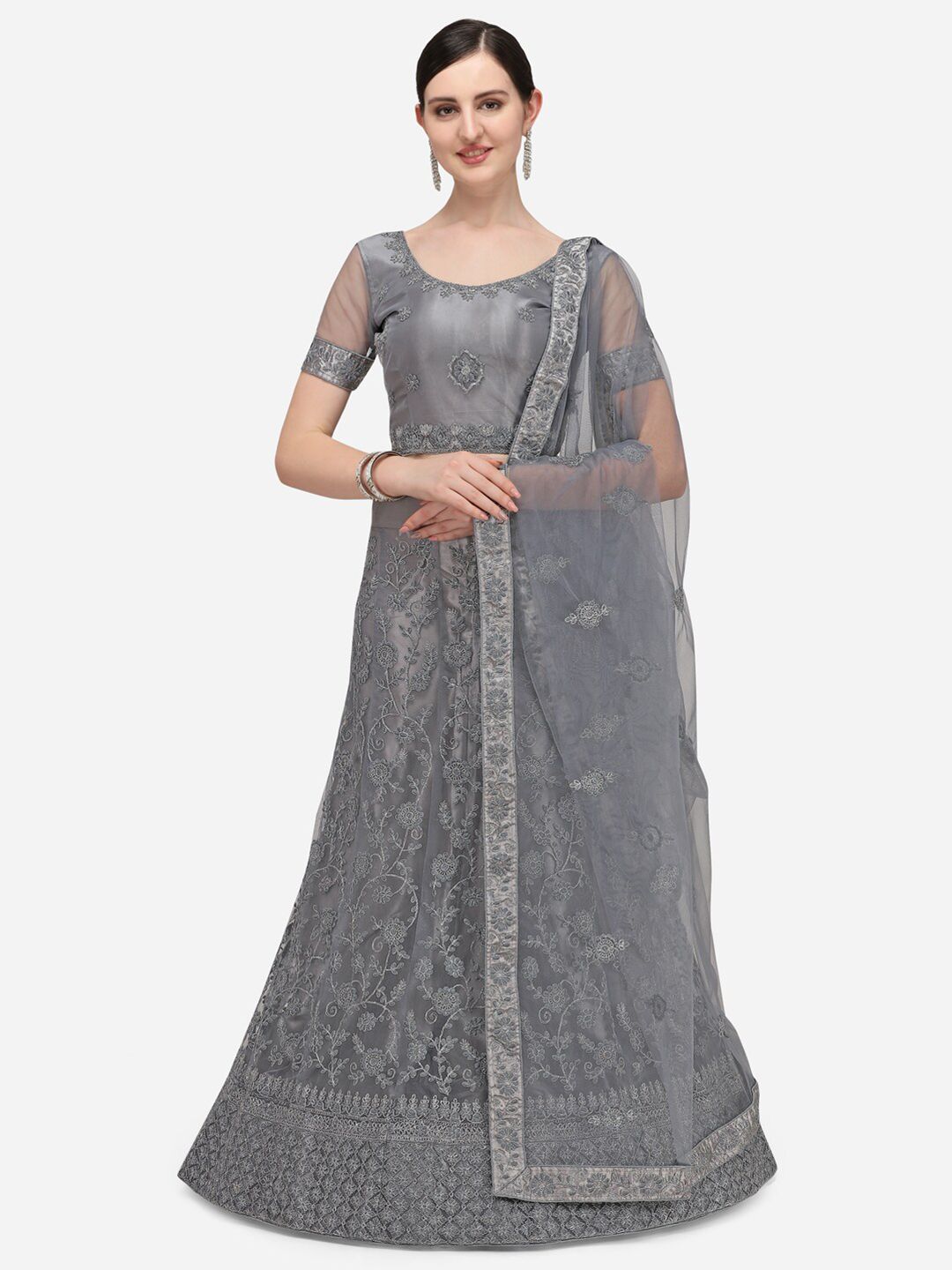 Netram Grey Embroidered Semi-Stitched Net Lehenga & Unstitched Blouse With Dupatta Price in India