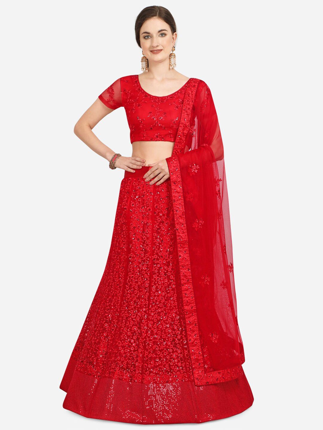 Netram Red Embroidered Semi-Stitched Lehenga & Unstitched Blouse With Dupatta Price in India