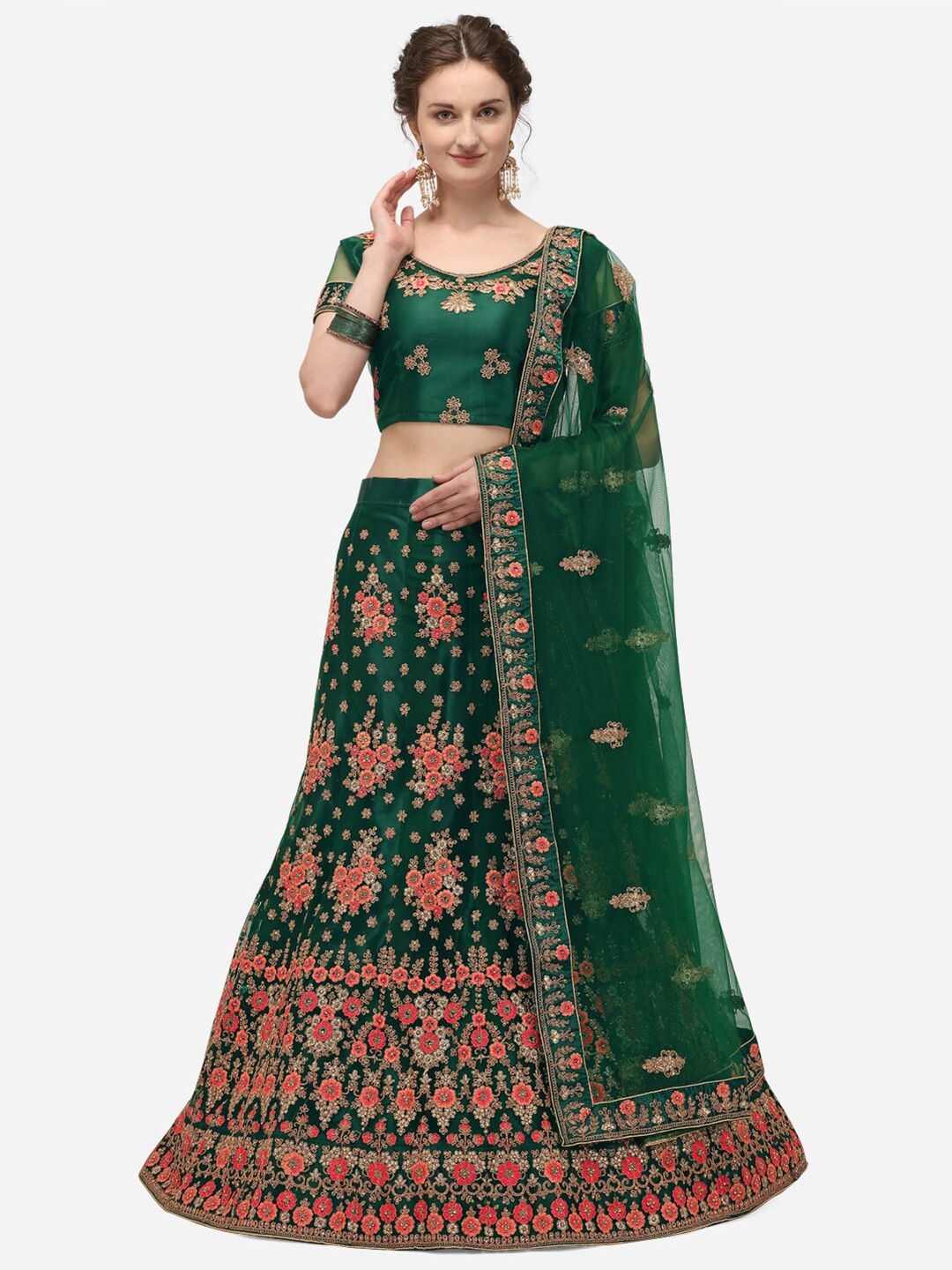 Netram Green & Pink Embroidered Zardozi Semi-Stitched Lehenga & Unstitched Blouse With Dupatta Price in India