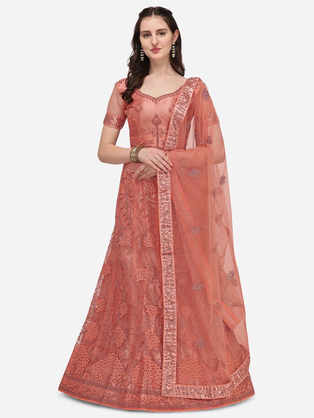 Netram Peach & Silver Zardozi Semi-Stitched Lehenga & Unstitched Blouse With Dupatta Price in India