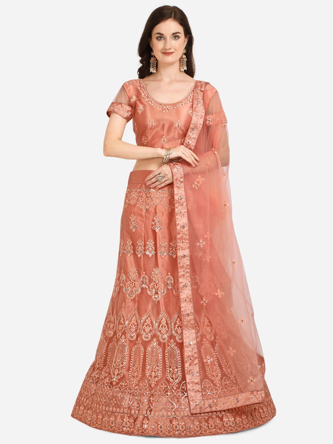 Netram Peach-Coloured Embroidered Semi-Stitched Lehenga & Unstitched Blouse With Dupatta Price in India