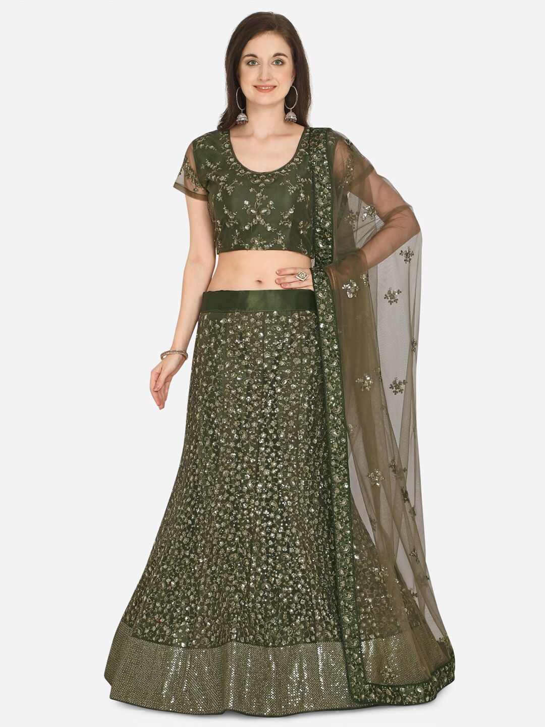 Netram Olive Green & Silver-Toned Embellished Semi-Stitched Lehenga & Unstitched Blouse With Dupatta Price in India