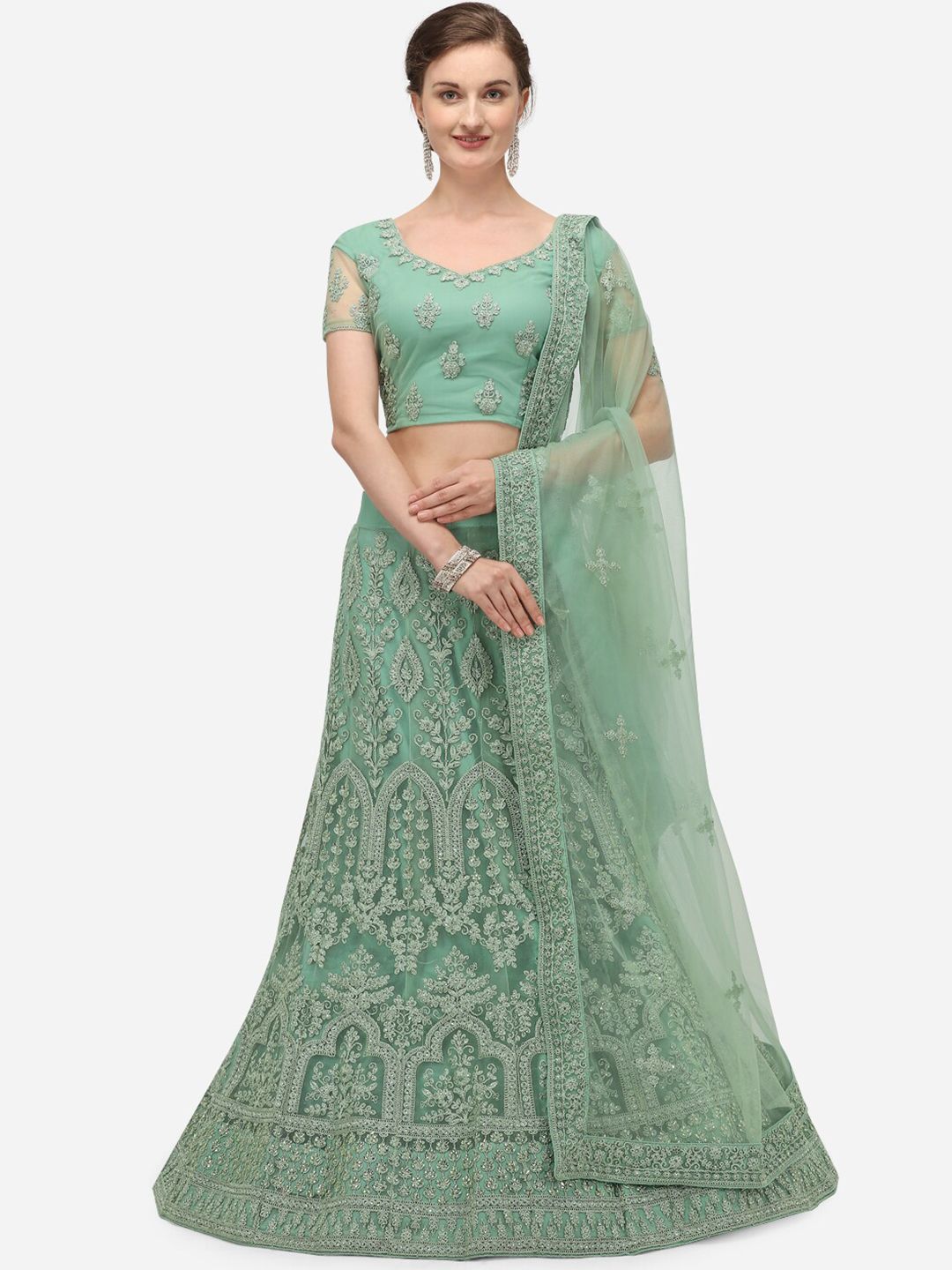 Netram Women Lime Green Embroidered Semi-Stitched Lehenga Choli with Dupatta Price in India