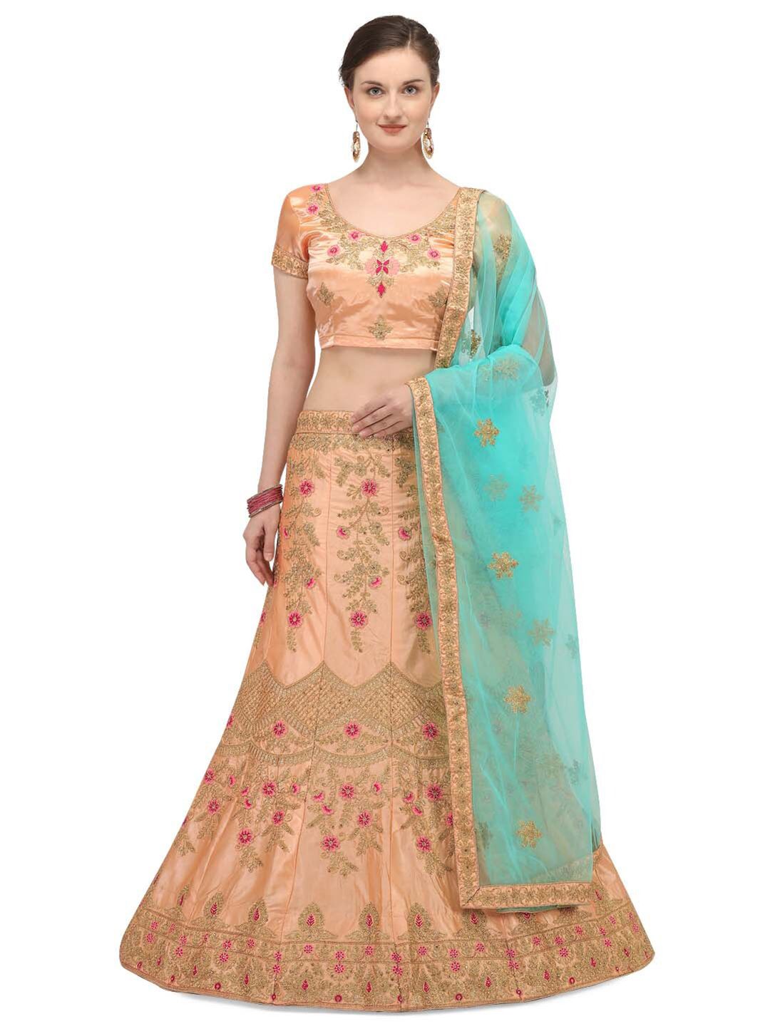 Netram Peach-Coloured & Turquoise Blue Embroidered Semi-Stitched Lehenga & Unstitched Blouse With Dupatta Price in India