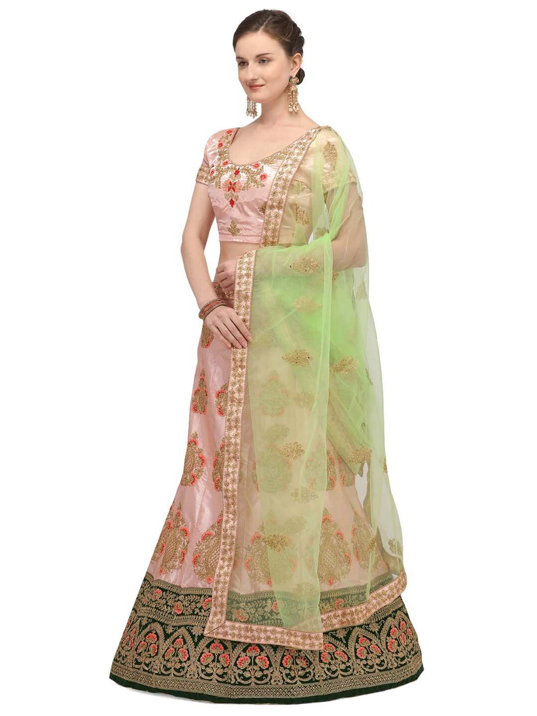 Netram Pink & Green Embroidered Semi-Stitched Lehenga & Unstitched Blouse With Dupatta Price in India